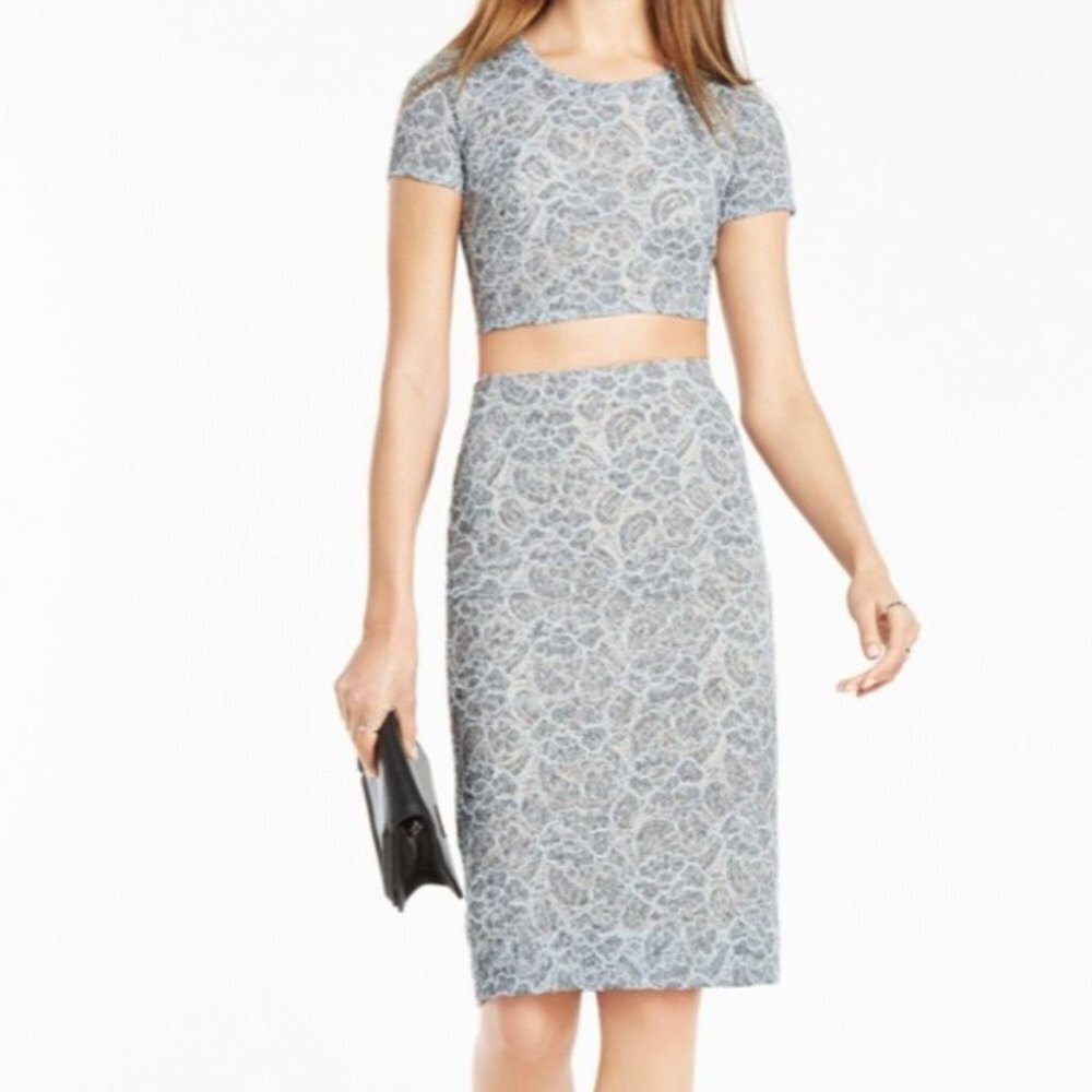 BCBGMaxAzria Haze Grey Floral Lace Bridette Crop Top & Matching Skirt size S